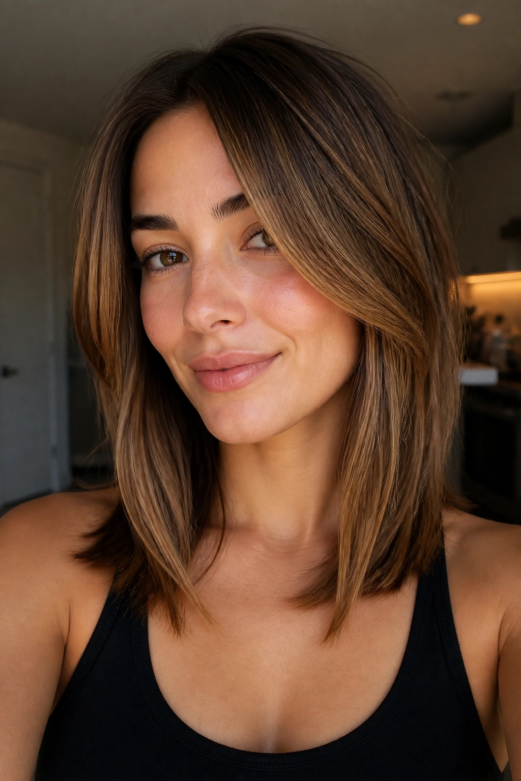 Close-up portrait of collarbone-length hair with long front pieces framing the face