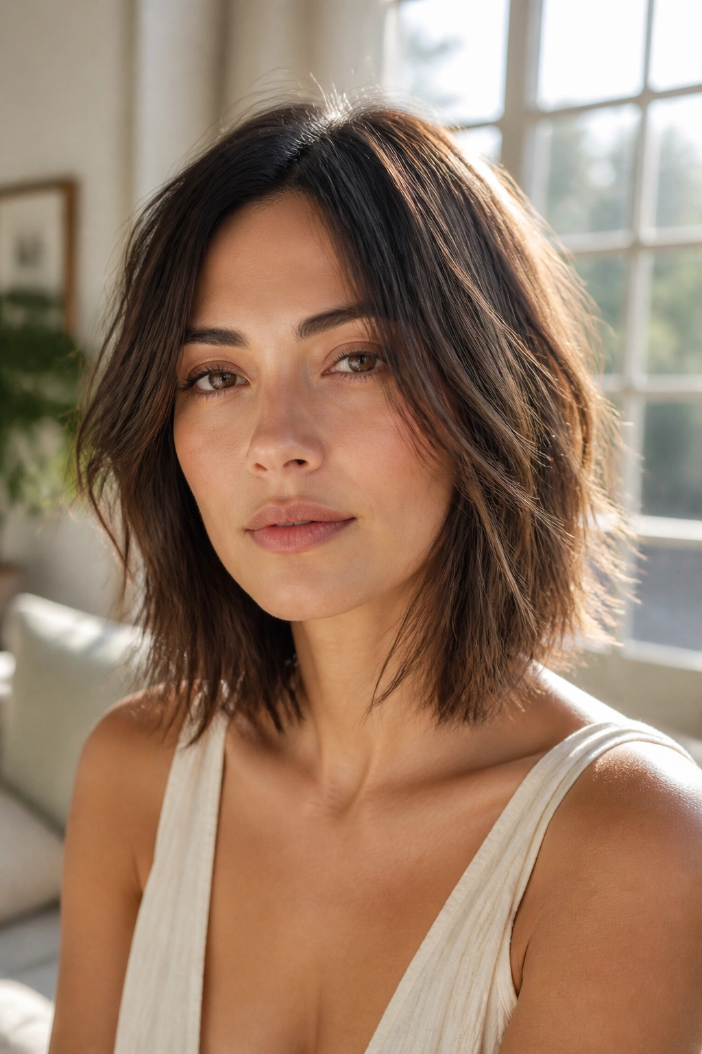 Close-up portrait of a real woman with a collarbone-length razor-textured haircut in warm window light