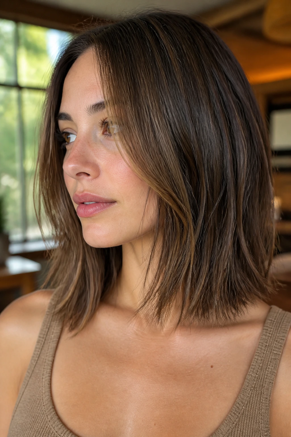 Close-up of collarbone-length hair with lightly razored ends on a real person in natural daylight
