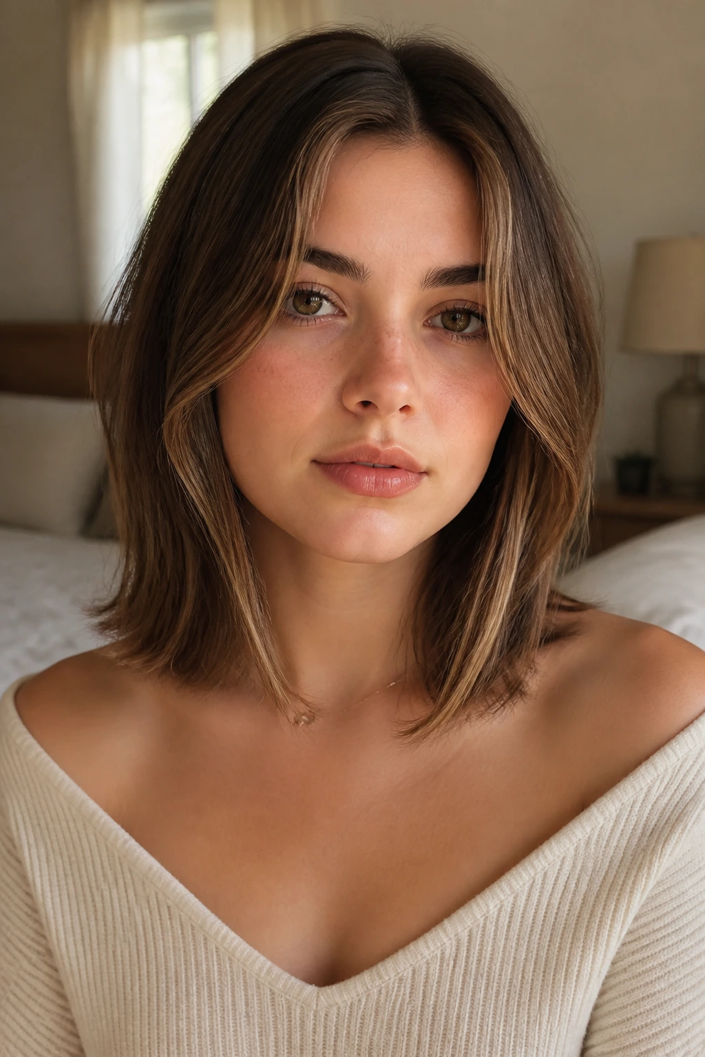 Close-up of a real woman with a collarbone-length cut and face-framing ribbons