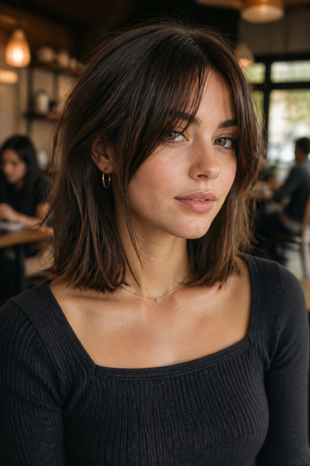 Close-up of a real woman with collarbone-length hair and center-split fringe in a cafe setting.