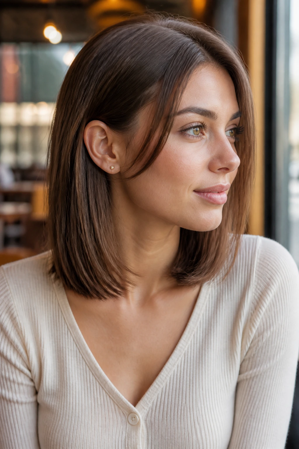 Close-up of a real woman with collarbone-length cut and tucked-behind-ear layers