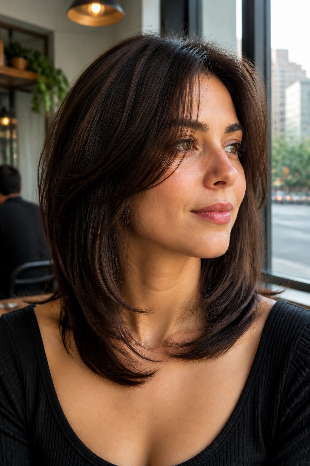Close-up of collarbone length hair with U-shaped layers on a real person in daylight