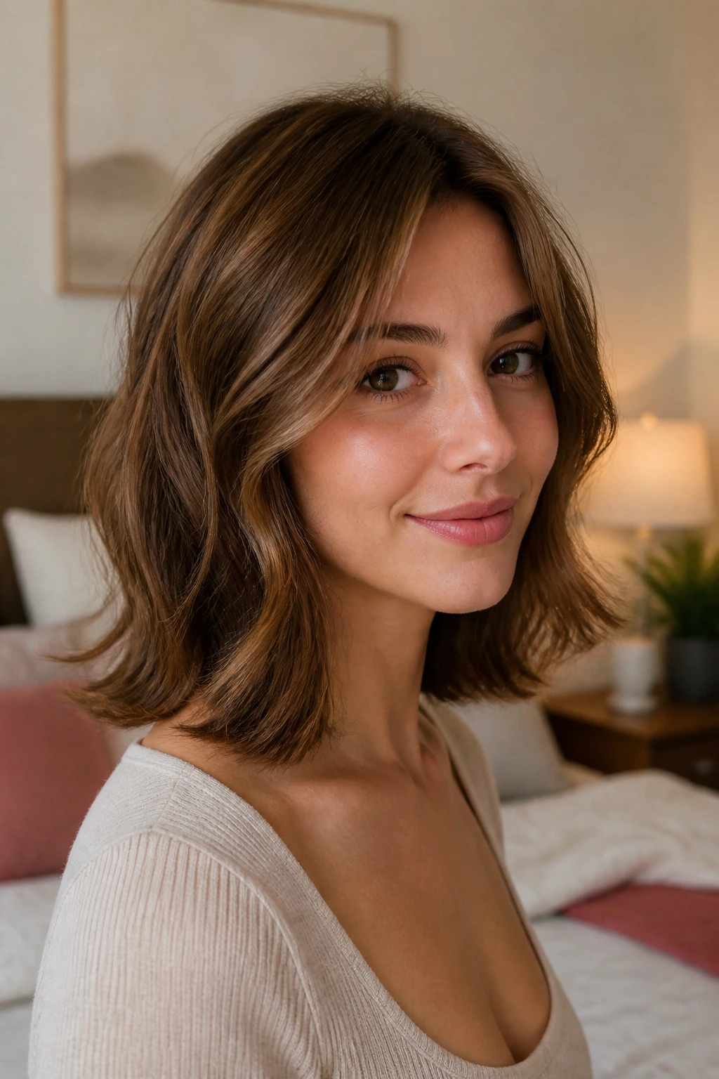 Close-up of a real woman with flipped-end collarbone cut and soft waves