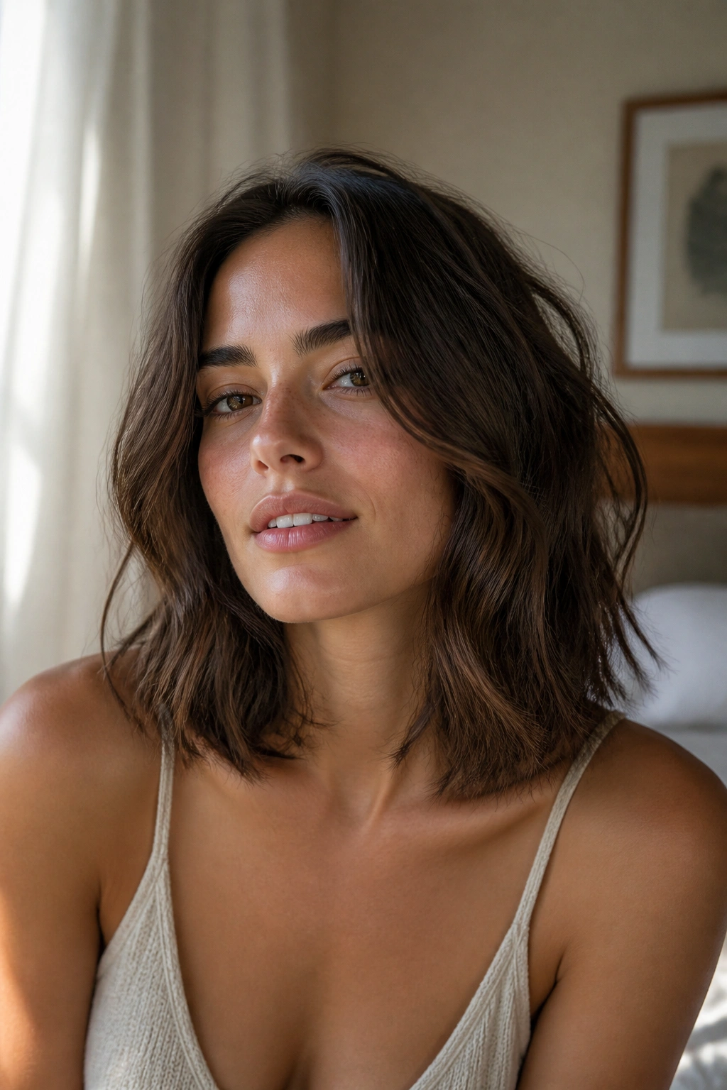 Close-up portrait of a real woman with collarbone-length wavy hair and soft internal layers