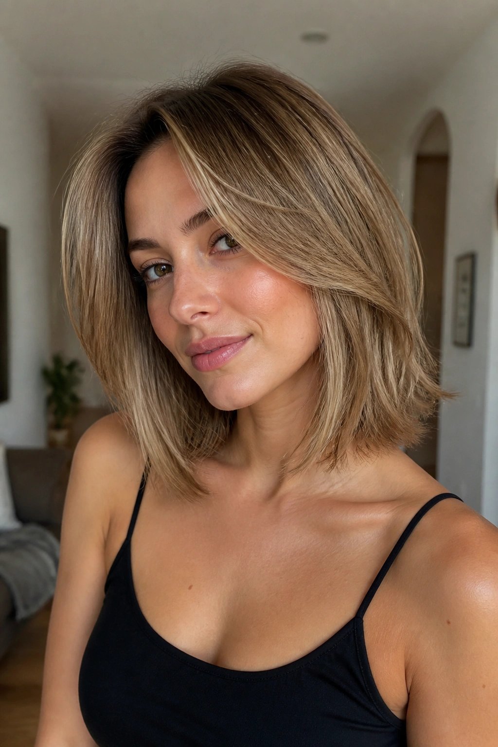 Medium close-up of a woman with collarbone-length feathered bob in soft daylight