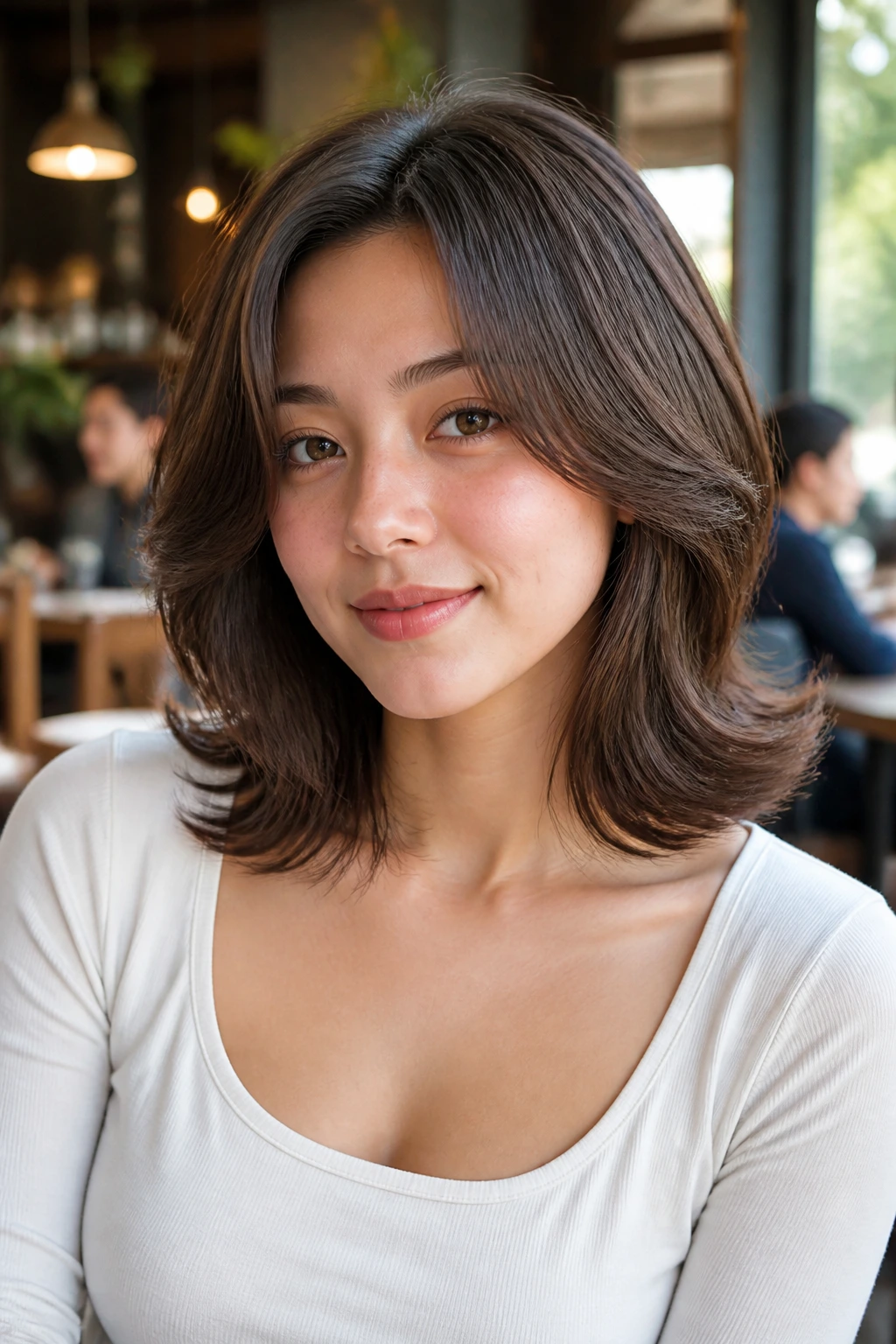 Real woman with collarbone-length feathered cut and flip-out ends