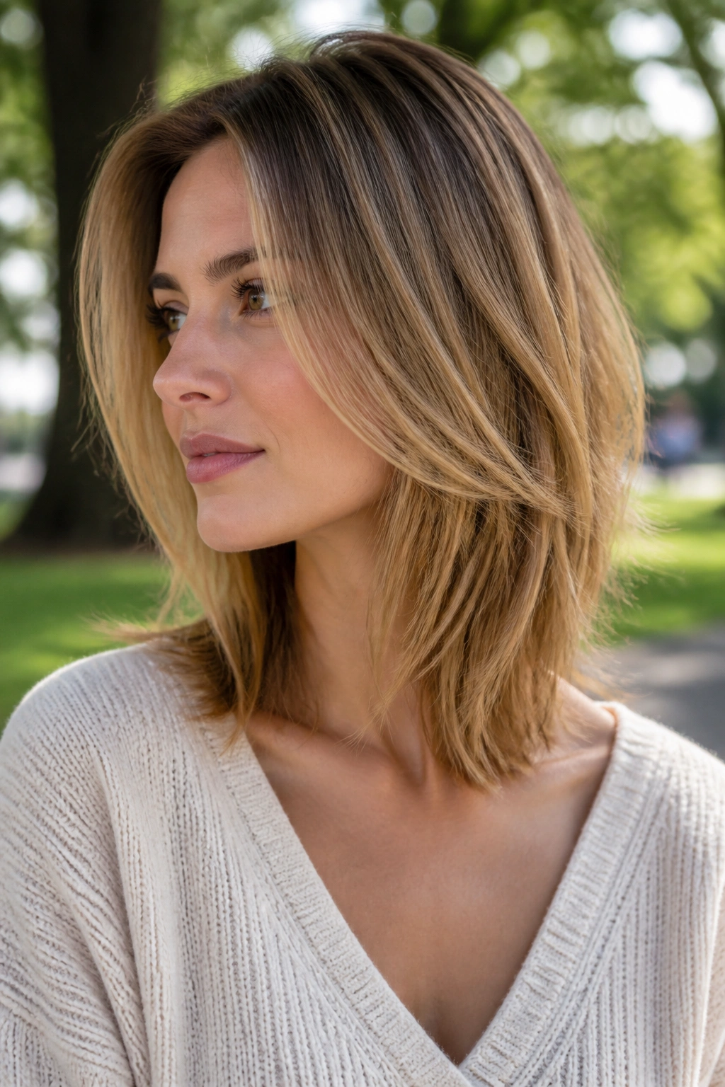 Close-up portrait of a woman with collarbone-length feathered lob in natural morning light