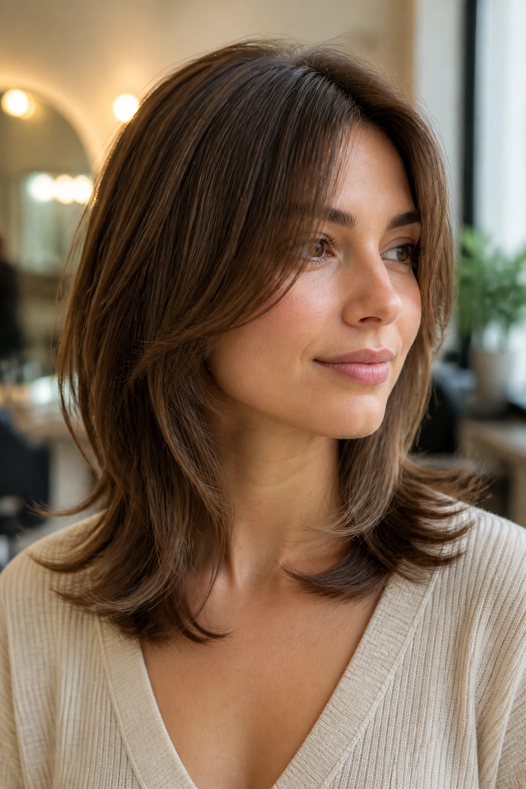 Portrait of a woman with collarbone-length layered hair and flicked ends.