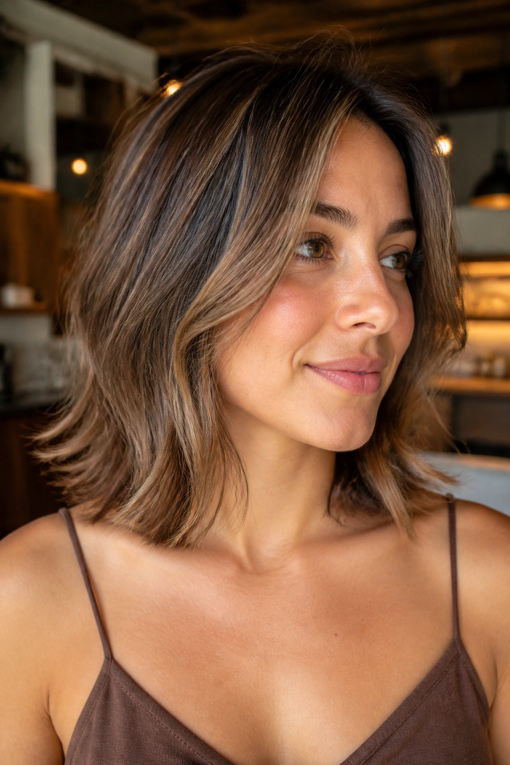 Real woman with collarbone-length hair flipped at the ends.