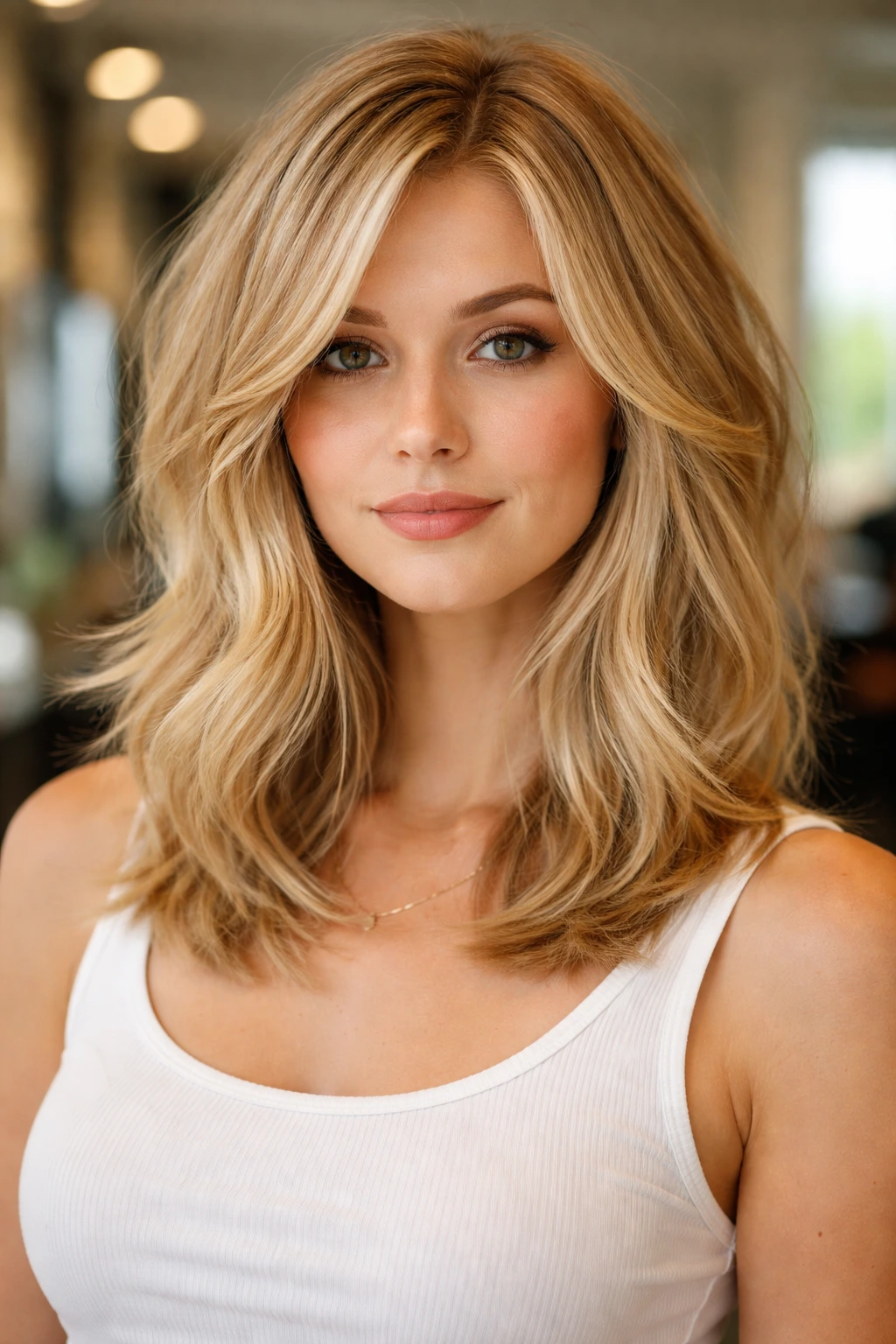 Portrait of real person with collarbone-grazing cut and internal texturizing in sunny salon