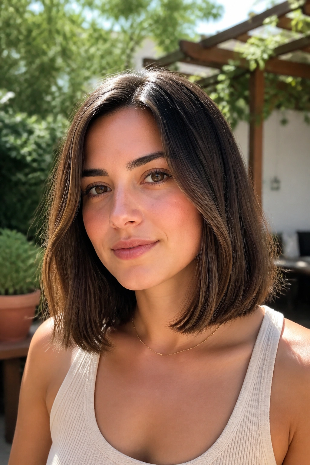Real woman with collarbone-grazing lob, ends clean, in sunlit outdoor patio