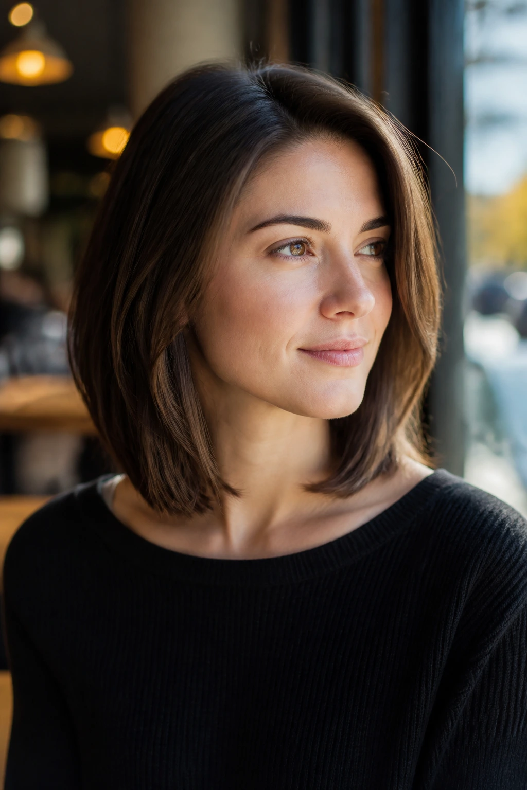 Close-up portrait of a woman with a collarbone-grazing lob hairstyle