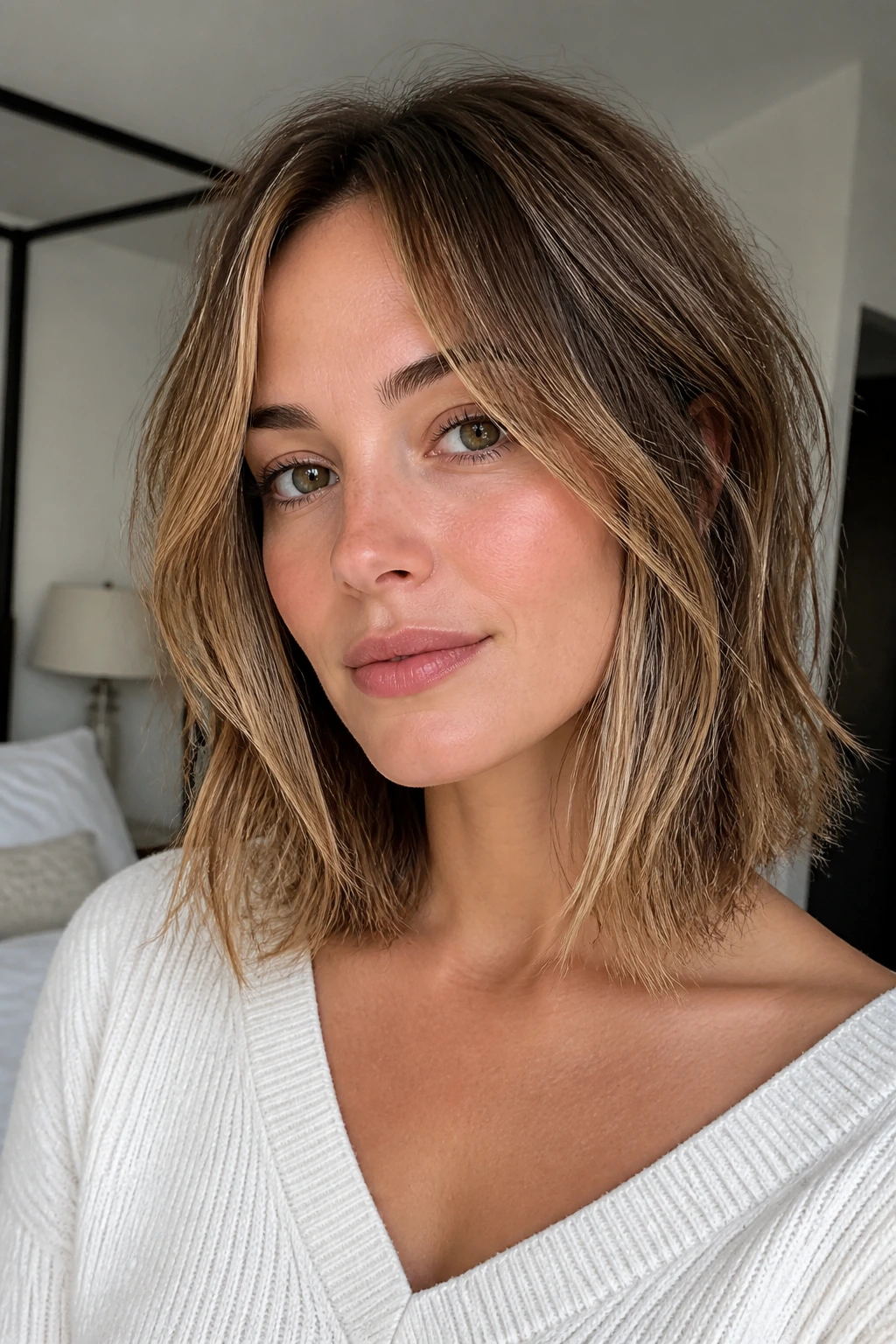 Close-up portrait of a real woman with collarbone-grazing shag lob hairstyle