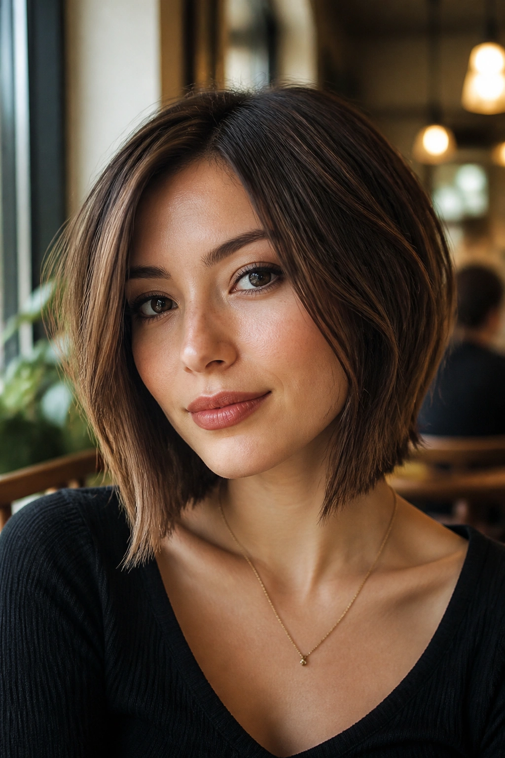Close-up portrait of a real person with collarbone-grazing short stacked bob