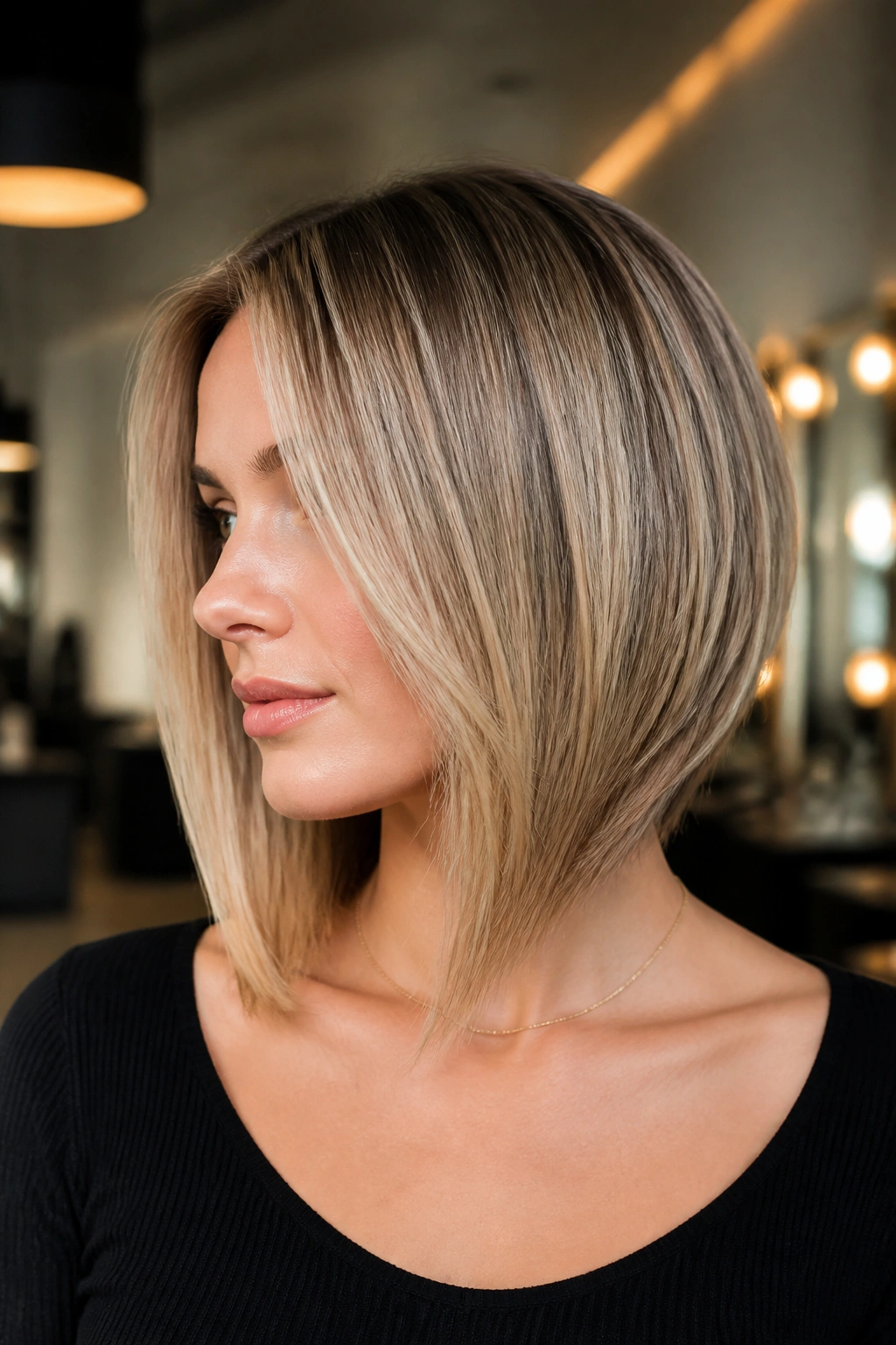 Close-up portrait of a real woman with Collarbone-Length Long Inverted Bob in a warm, stylish salon setting.