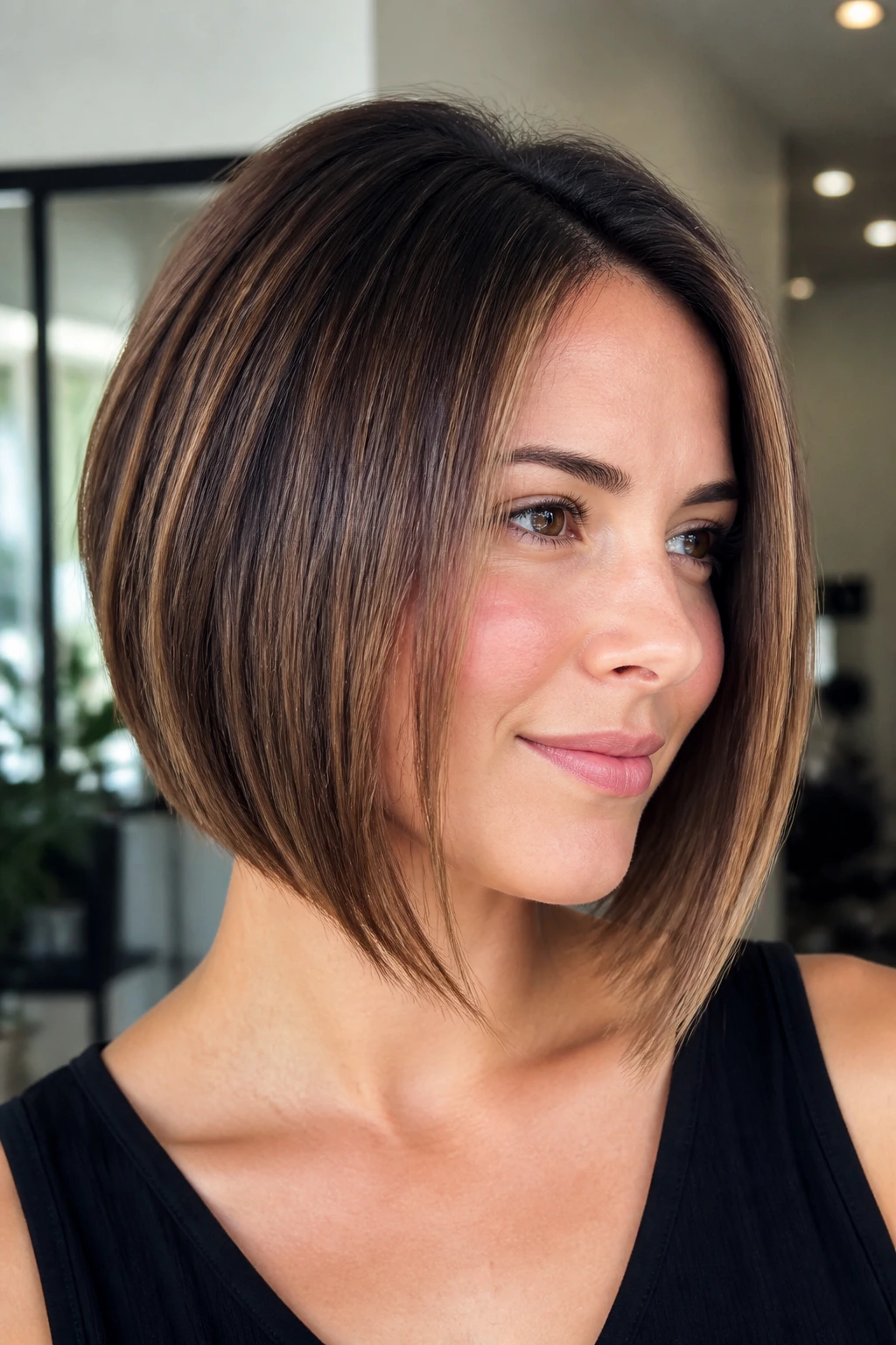Close-up of a real woman with Collarbone Inverted Bob.