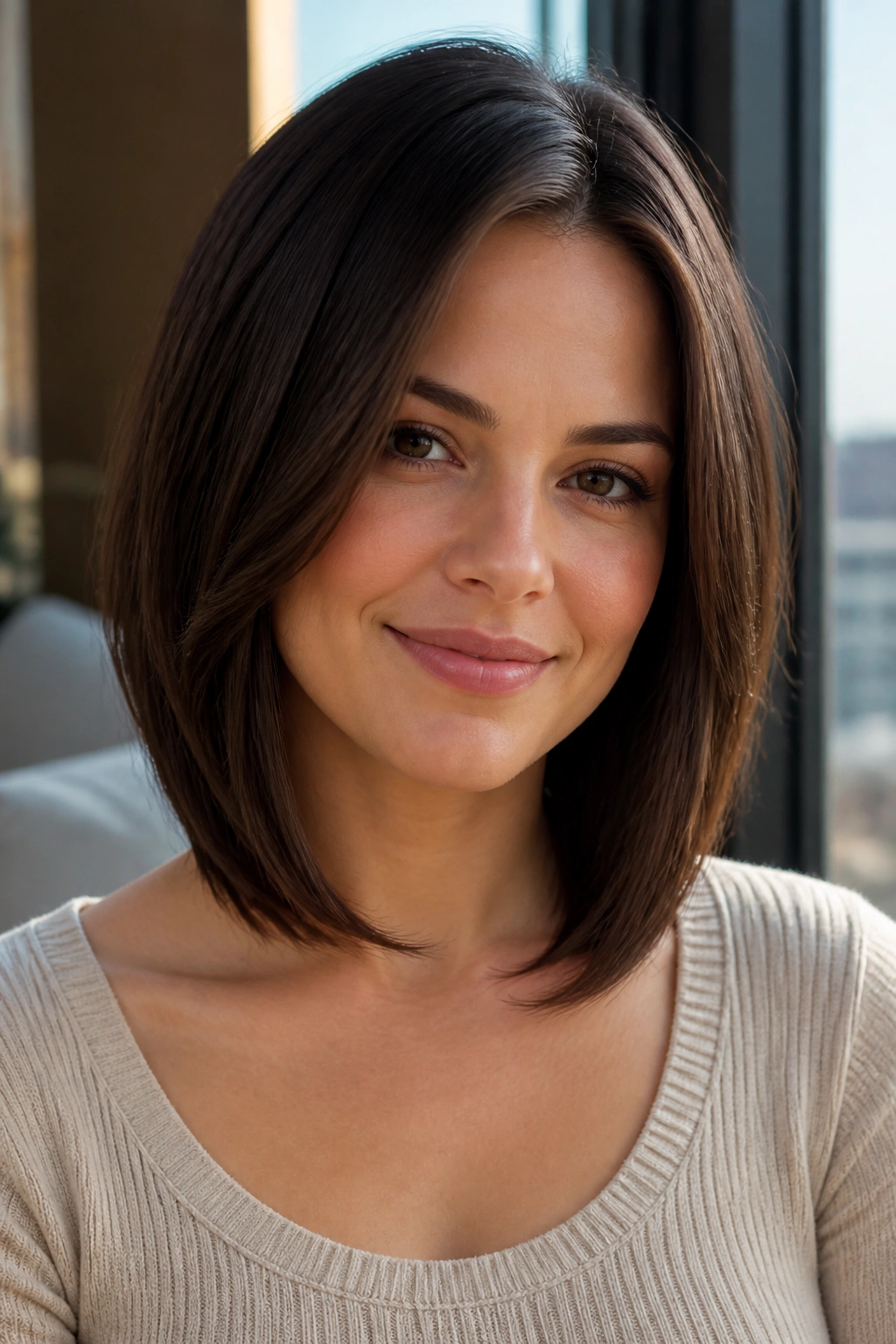 Close-up of a real woman with a collarbone-length inverted lob and face-framing layers.