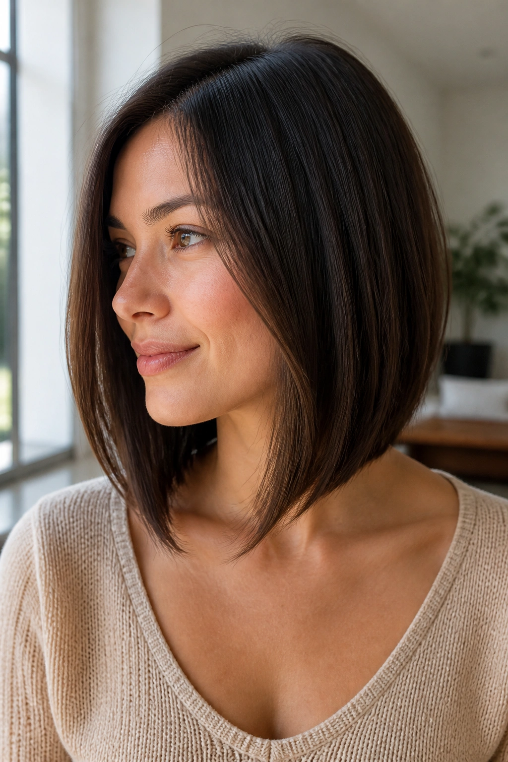 Close-up of a real woman with collarbone inverted lob and tapered ends in bright interior