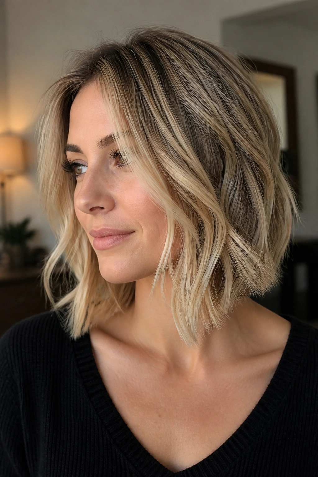 Real woman with collarbone-length inverted lob, close-up