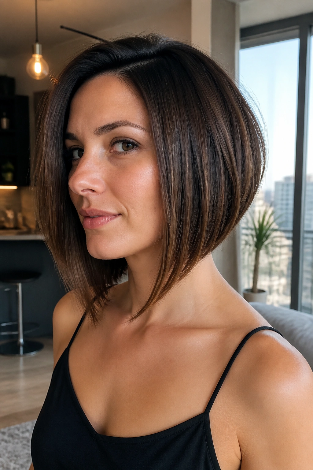 Close-up portrait of a real woman with collarbone inverted lob hairstyle