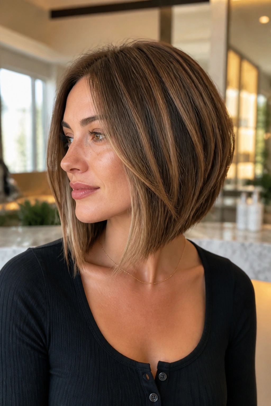 Close-up of a real woman with collarbone-length inverted bob and soft stacking