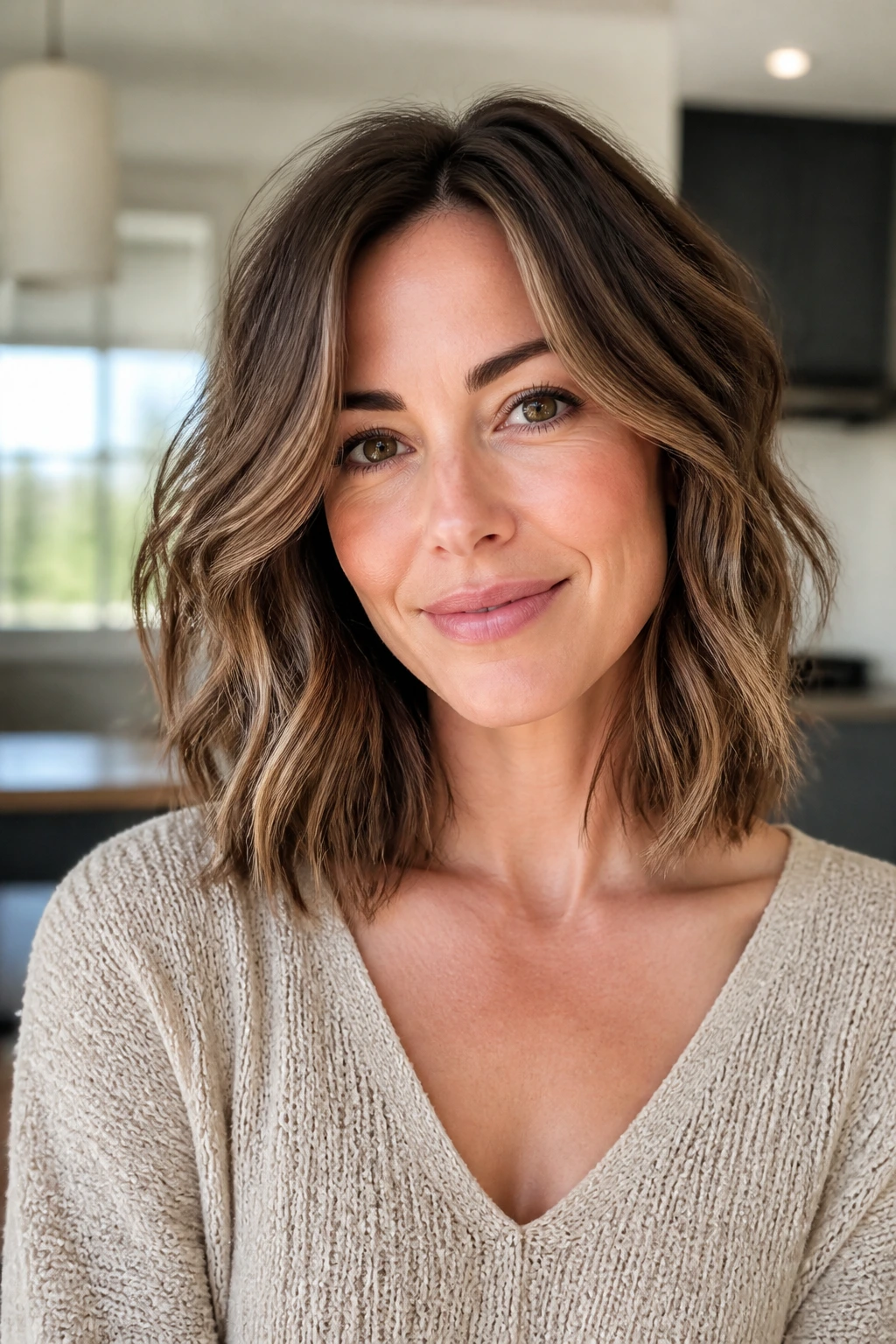 Close-up of a real woman with collarbone-length hair and invisible layers in bright daylight