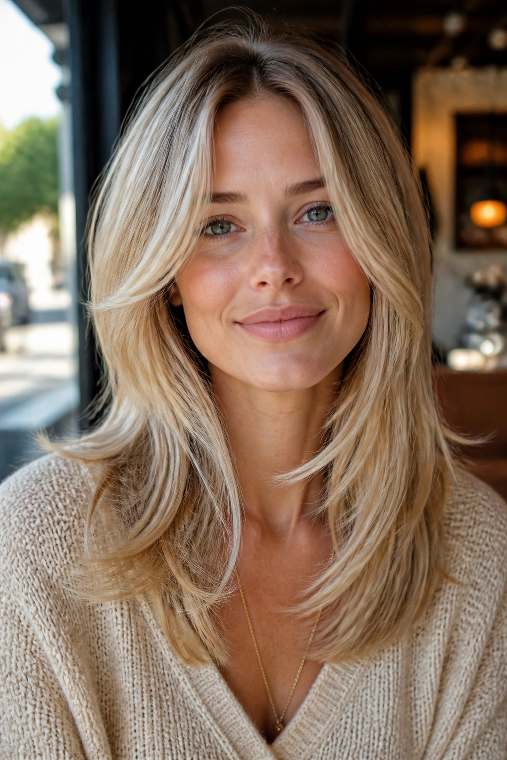 Close-up of a real woman with collarbone-start layers sweeping past the jaw in pale blonde.