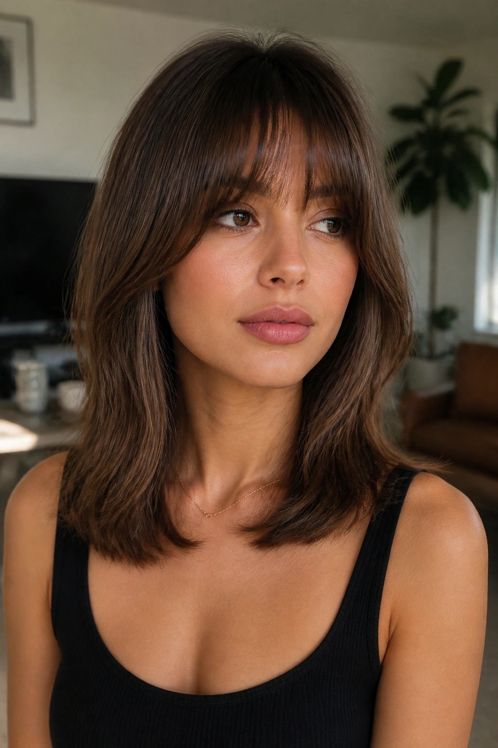 Close-up portrait of a real woman with collarbone-length layers and French bangs