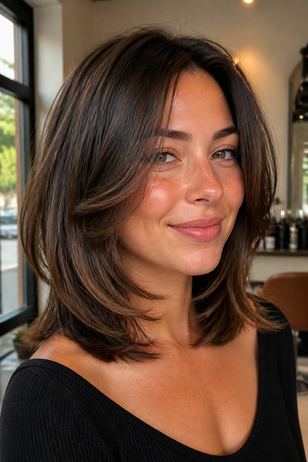 Close-up portrait of a real woman with collarbone-length hair and soft cheek-sweep layers.