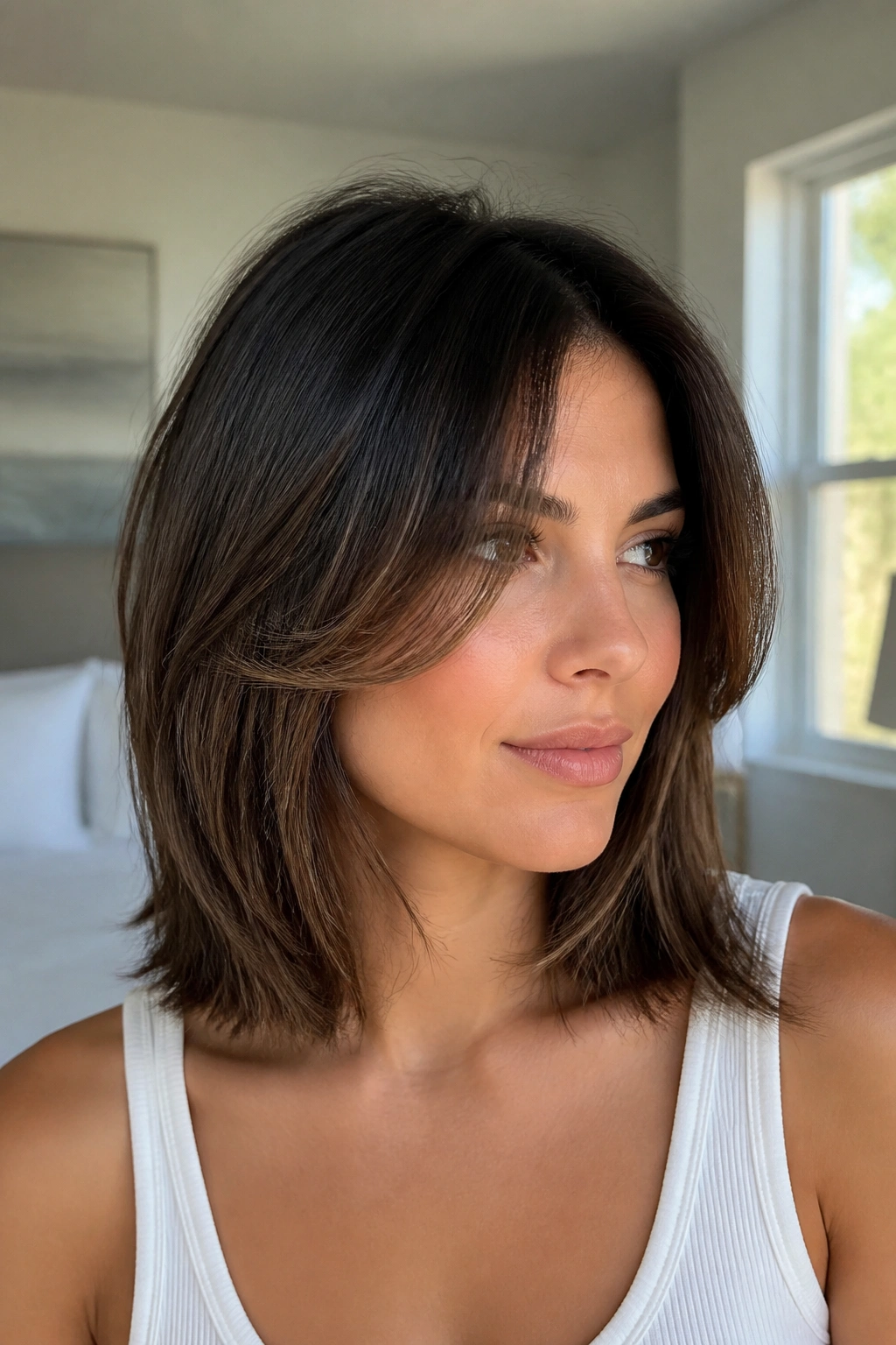 Close-up portrait of a real woman with collarbone-length layered hair and face-framing pieces