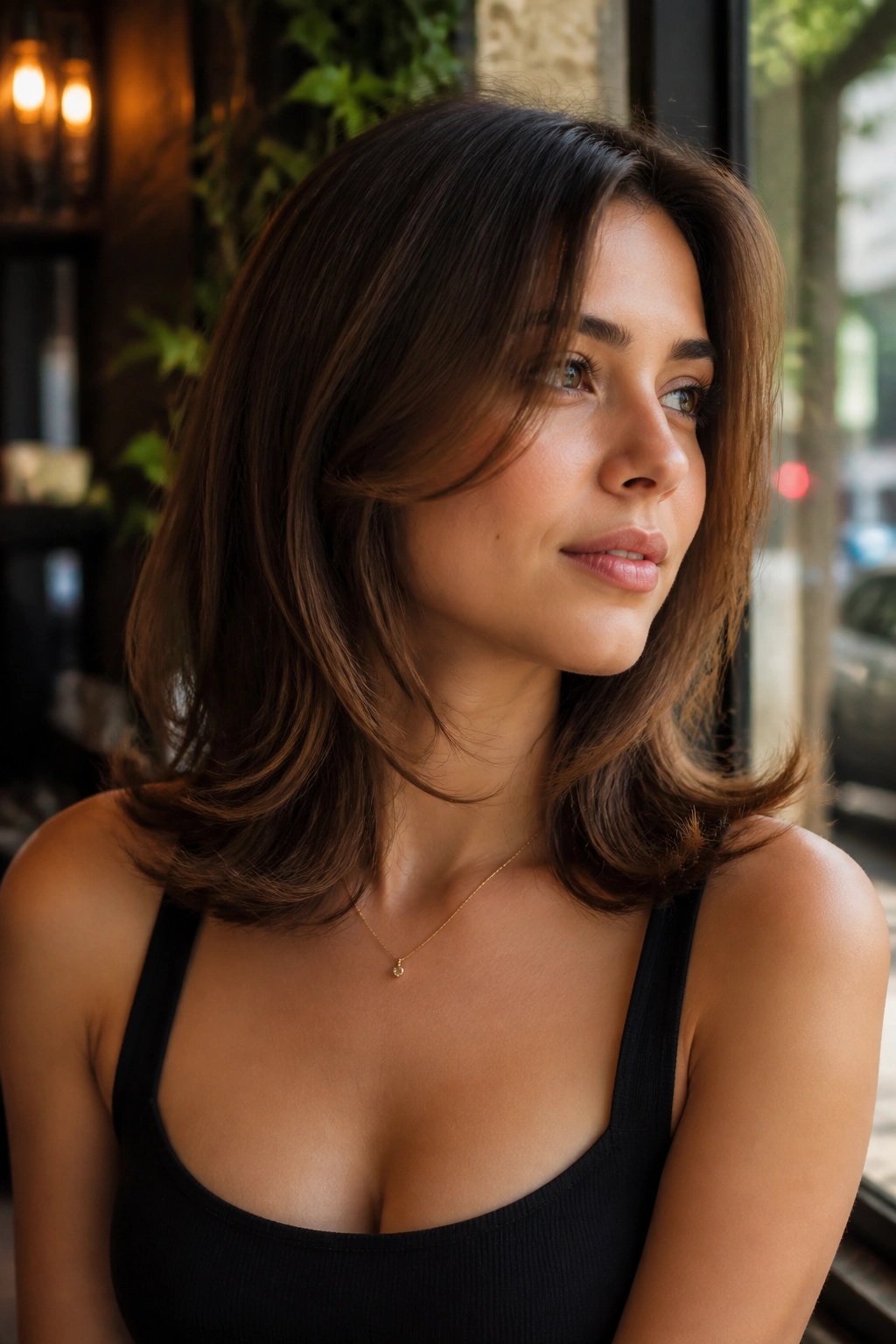 Portrait of real woman with flip-out collarbone layers, ends flipped outward, cafe window light
