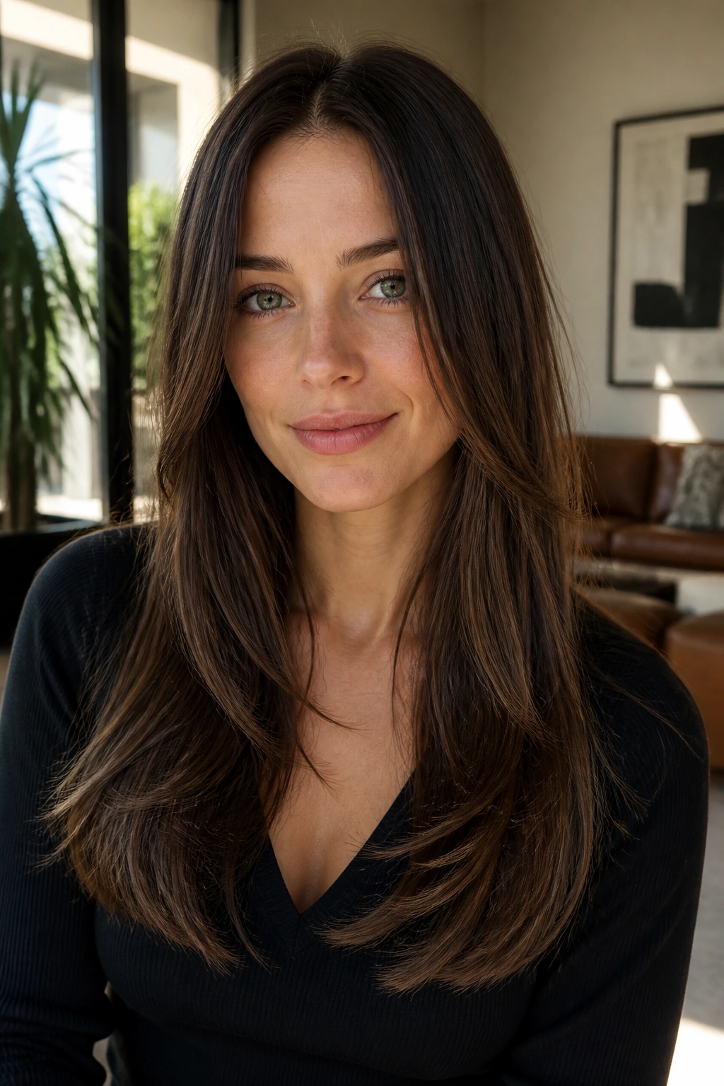 Portrait of a real person with collarbone-length long layers