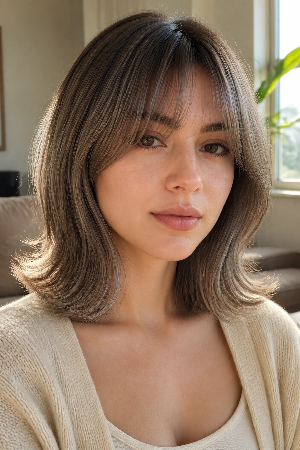 Close-up of a real woman with collarbone-length ash curtain bangs and flicked ends.