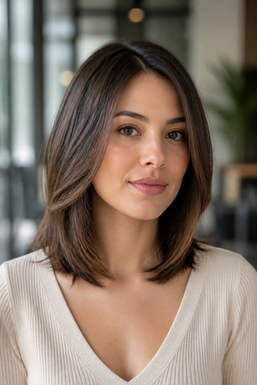 Real woman with collarbone-length hair and beveled ends.