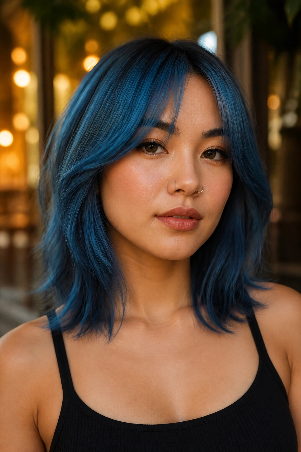 Woman with collarbone-length blue hair and curtain fringe