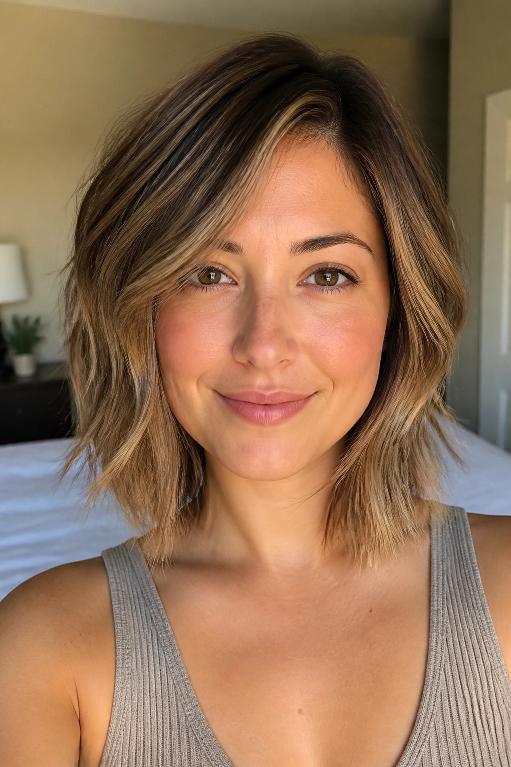 Close-up portrait of a real woman with collarbone-length choppy bob for round faces, off-center part