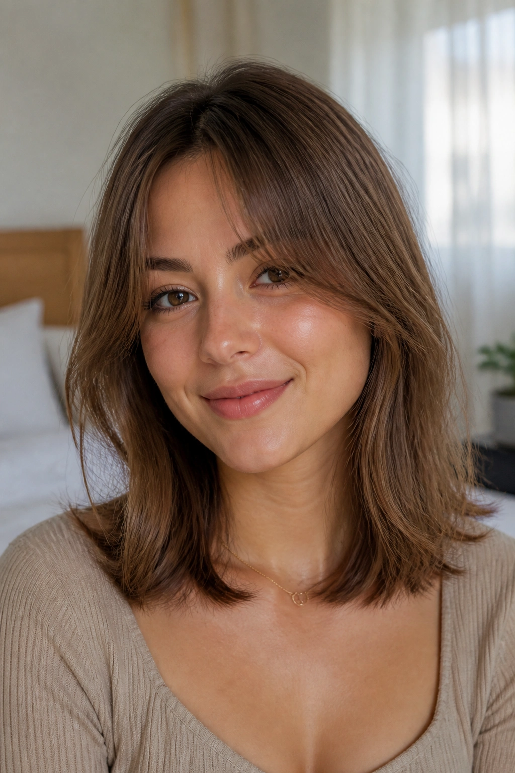 Close-up portrait of a real woman with collarbone-length hair and soft curtain bangs in medium brown.
