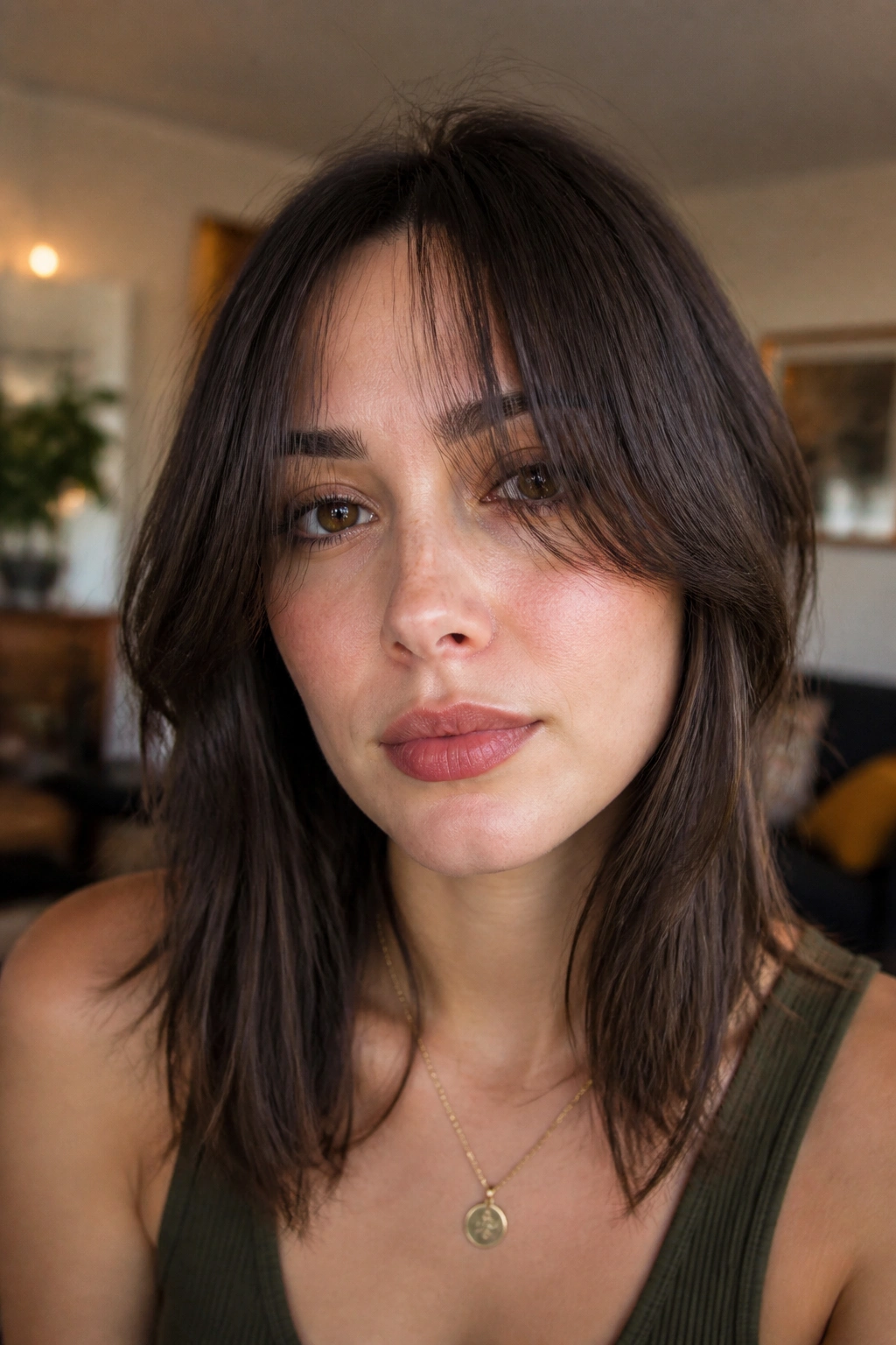 Real woman with collarbone-length curtain fringe framing the face