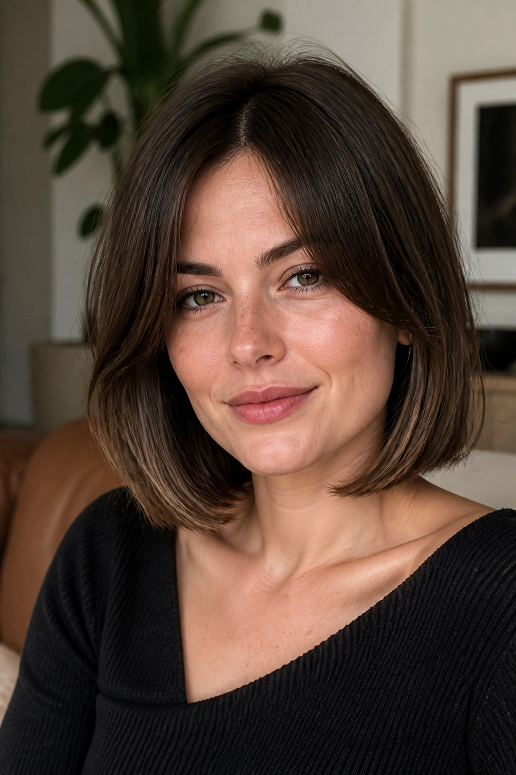 Close-up portrait of a real woman with a collarbone-length French bob showing blunt ends.