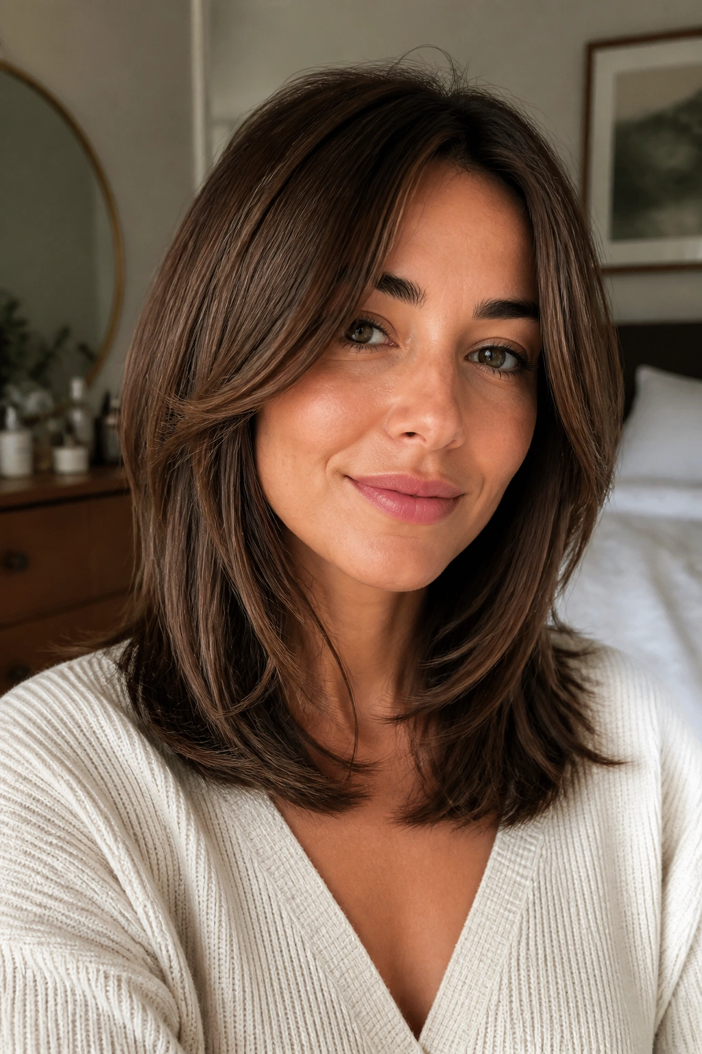 Close-up of a real woman wearing a collarbone-length layered haircut that frames the face