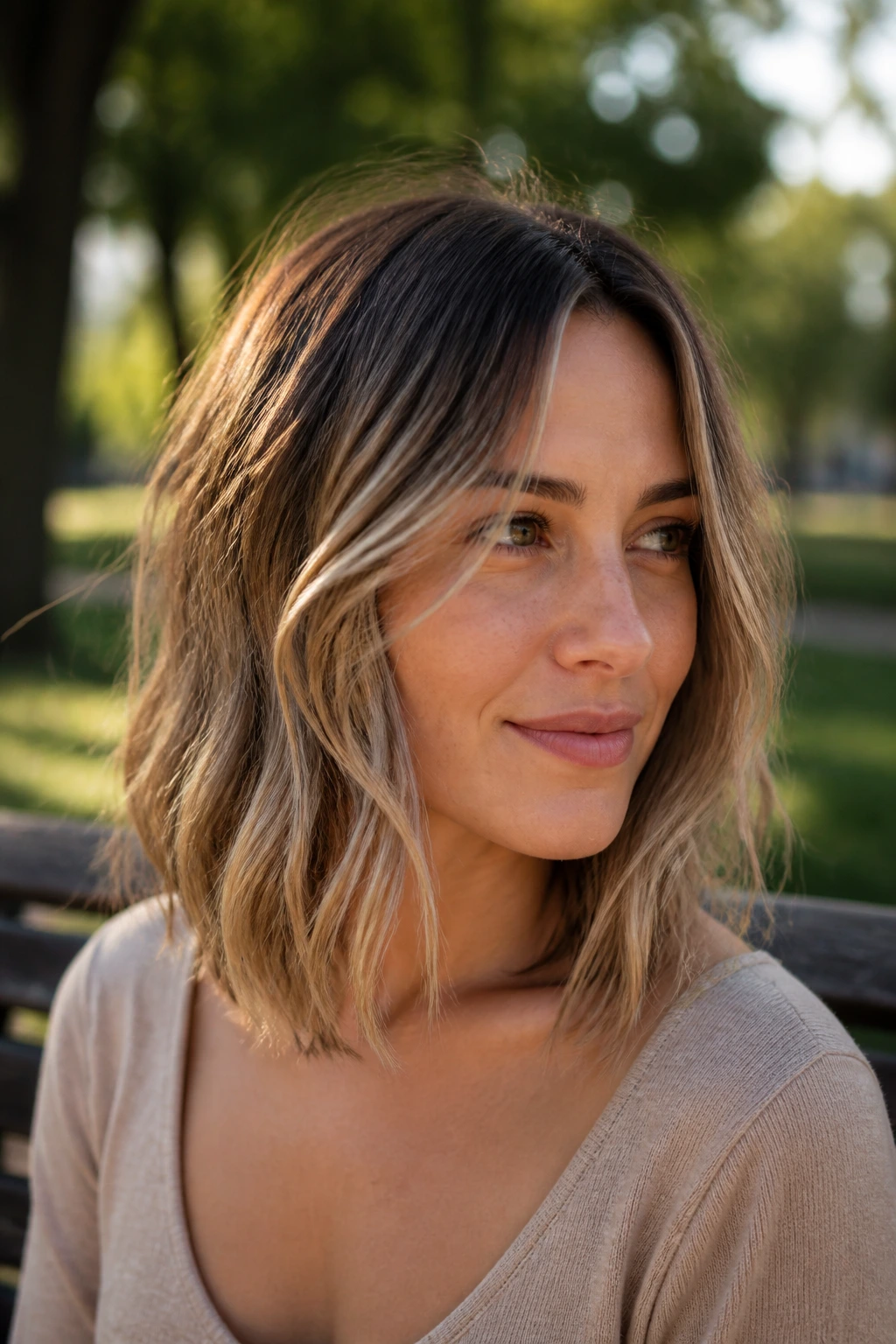 Real woman with collarbone-length cut and lived-in highlights