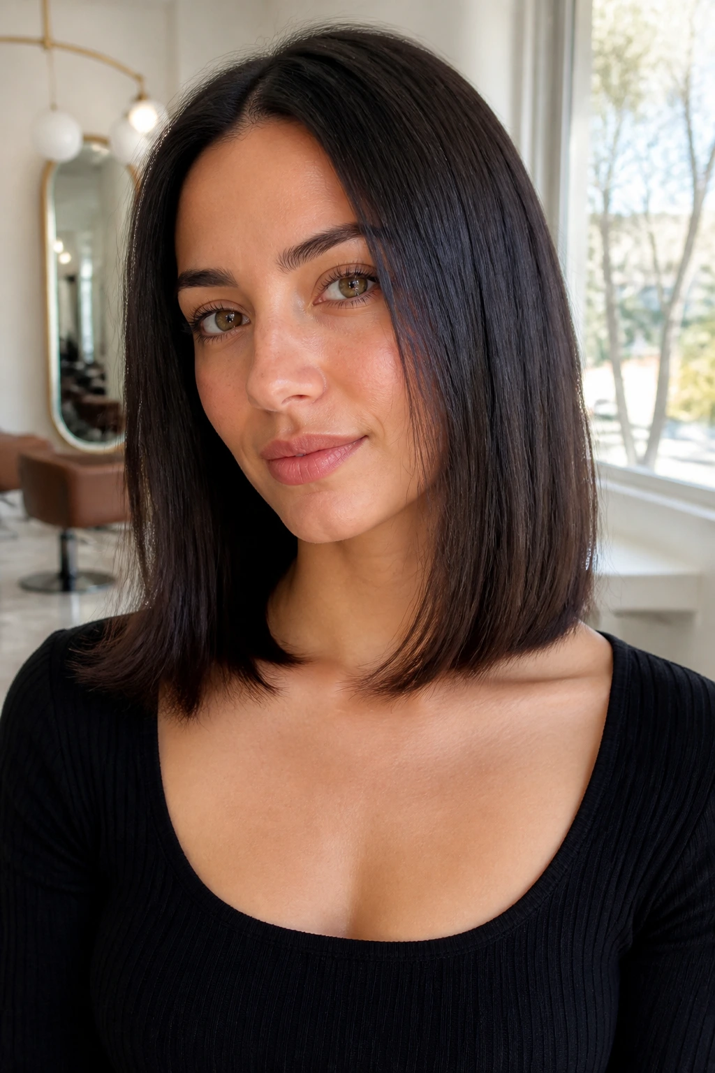 Medium close-up of a real woman with collarbone-length straight hair and an inner debulking effect for a clean outer line.