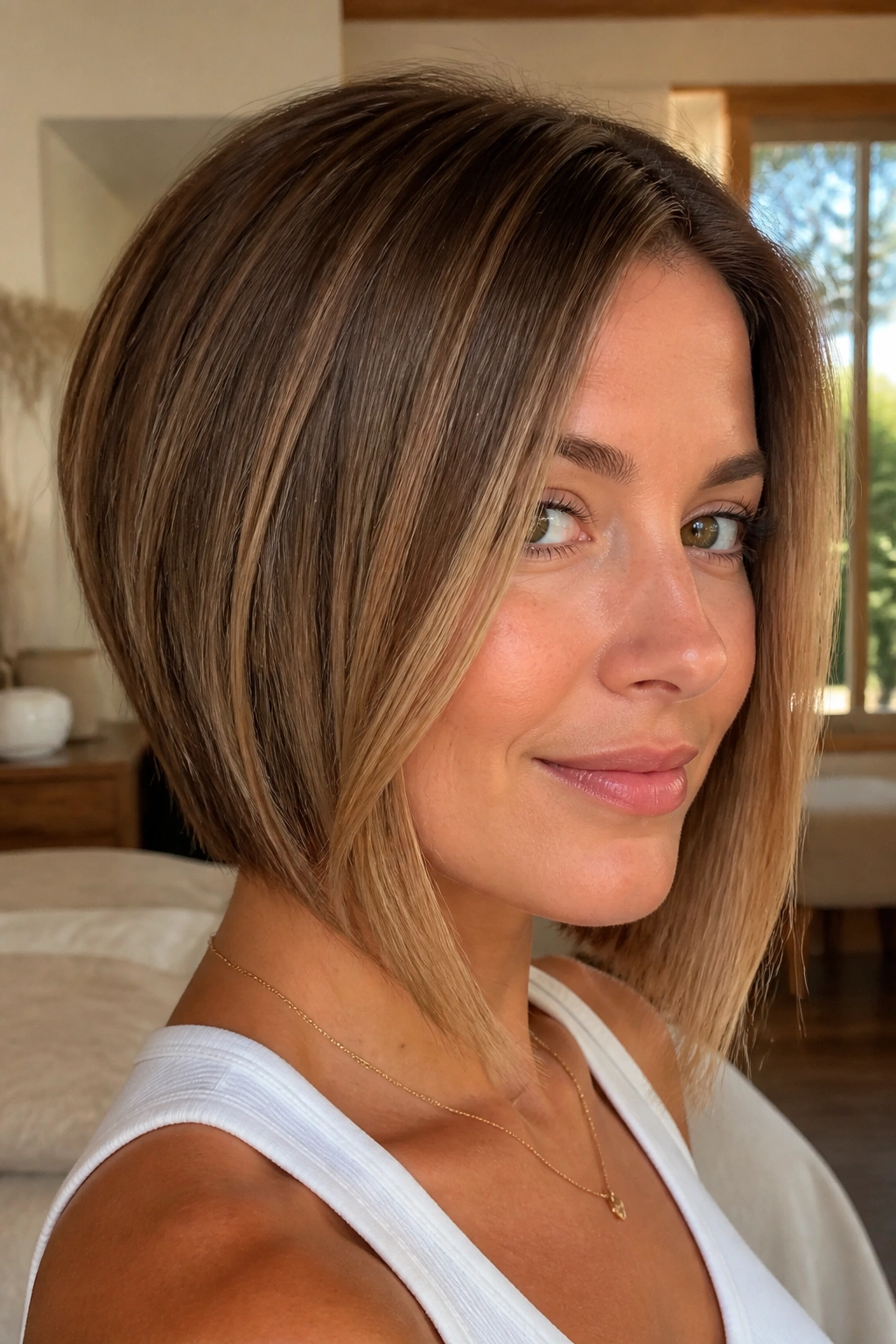 Portrait of a real woman with collarbone-length inverted bob.