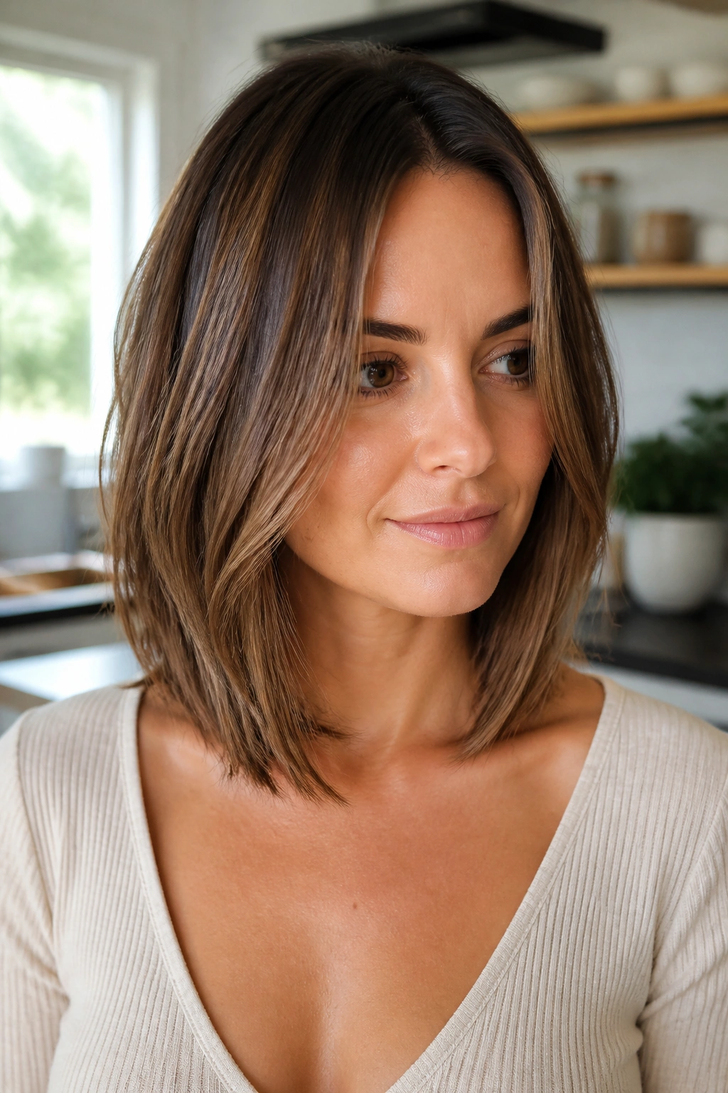 Portrait of a woman with collarbone-length inverted cut and hidden layers
