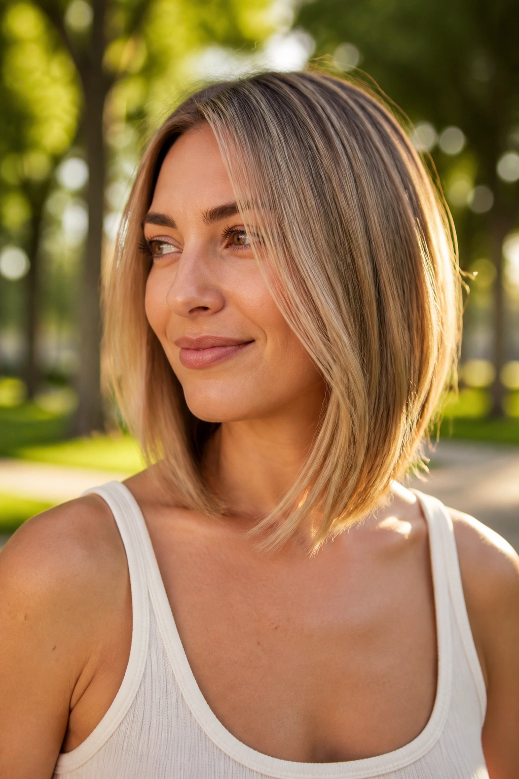 Close-up of a real woman with a collarbone-length inverted lob, longer front pieces framing the face.