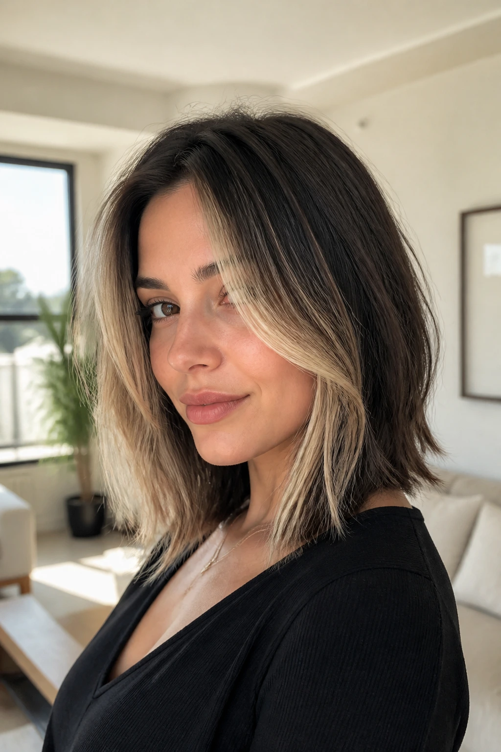 Close-up of collarbone-length layered hair with bright front strands on a real woman
