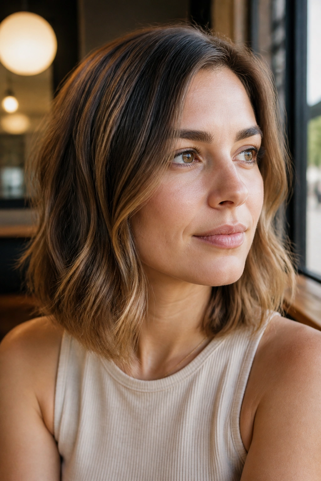 Close-up of a real woman with a collarbone-length lob and soft bends