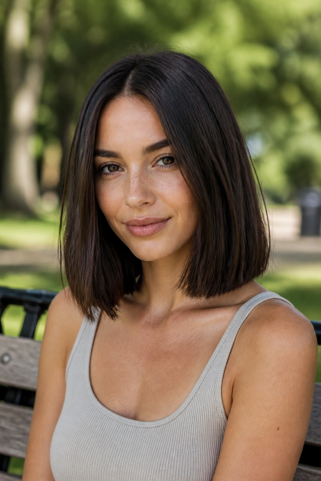 Close-up of real woman with collarbone-length lob and straight sleek hair in daylight
