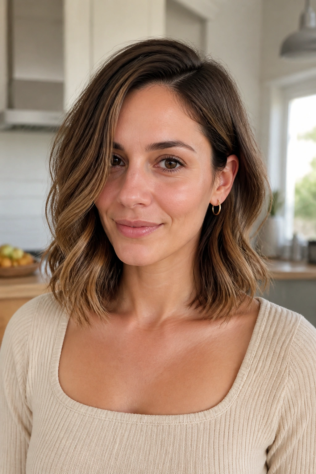 Portrait of a real woman with collarbone-length lob and airy bends.
